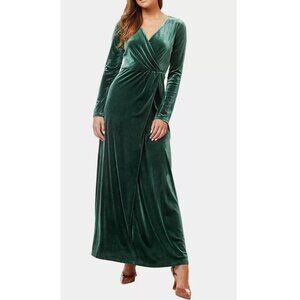 NEW LOVE x DESIGN Long Sleeve Plunge V Neck Green Velvet Maxi Dress  P2534
